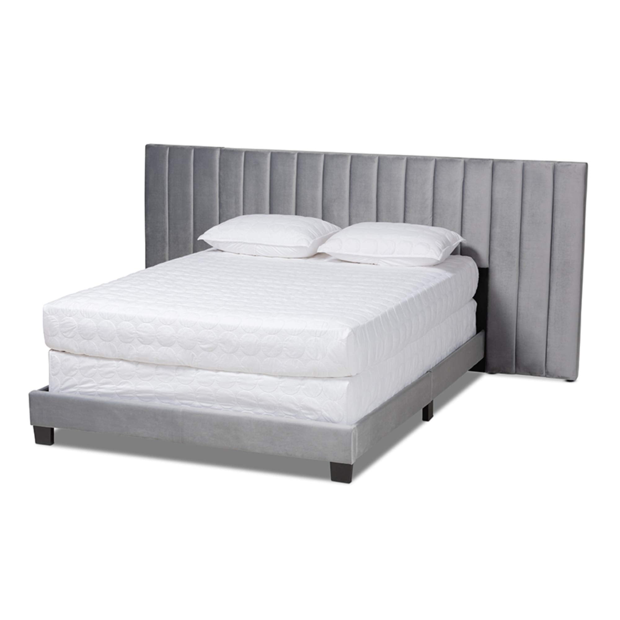 Baxton Studio Fiorenza Glam And Luxe Grey Velvet Fabric Upholstered Queen Size Panel Bed With Extra Wide Channel Tufted Headboard